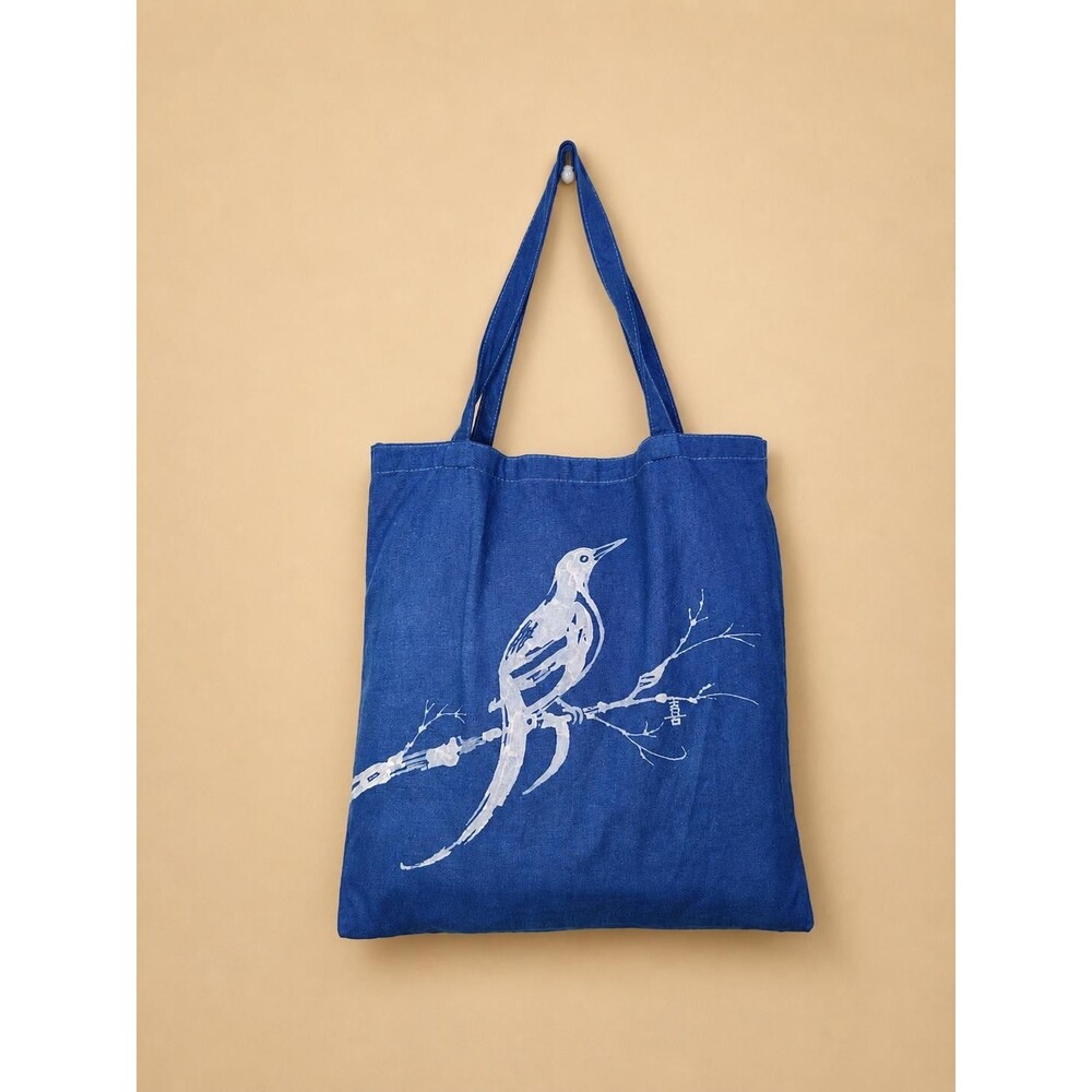 Nüshu Happiness Batik Tote | Indigo Magpie Plum Blossom Chinese Art Bag